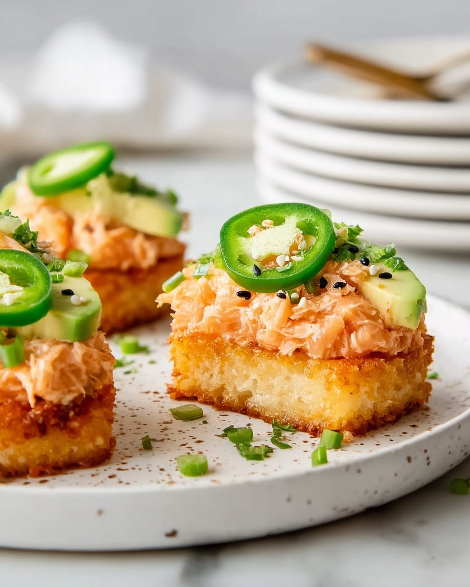 The image shows three pieces of a crispy golden brown rice cake base, each topped with thin slices of light green avocado and a thick layer of creamy orange-colored spicy salmon mix. On top of the salmon mix, there is a circular slice of fresh green jalapeño pepper, garnished with small chopped green herbs and black and white sesame seeds. The items are placed on a white plate with tiny brown speckles, set against a white marbled surface in soft natural light, with a stack of white plates blurred in the background. photo taken with an iphone --ar 4:5 --v 7