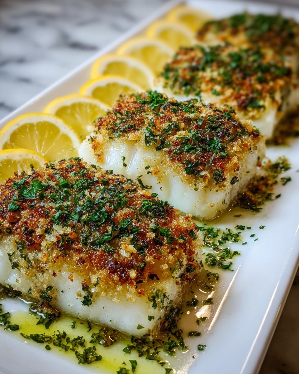 Three pieces of white fish fillets are arranged in a row on a white rectangular plate placed on a white marbled surface. Each fillet is topped with a golden brown and slightly crispy breadcrumb crust mixed with green herbs, giving a textured and colorful appearance. Around the back edge of the plate, there are fresh yellow lemon wedges evenly spaced, adding a bright contrast. A light drizzle of herb oil with visible green herb bits pools around the base of the fillets, enhancing the fresh and savory look. The photo taken with an iphone --ar 4:5 --v 7