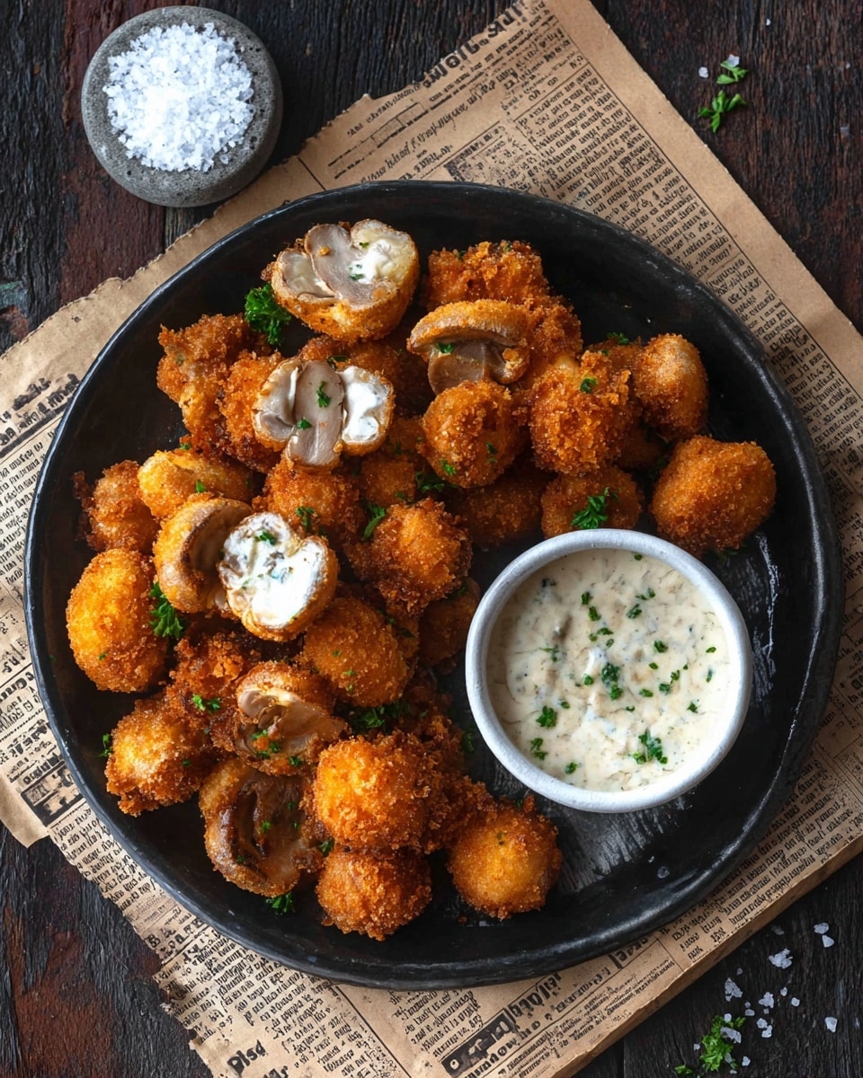 A black plate filled with many small, round, golden-brown crispy fried mushrooms, some whole and some cut in half showing white, soft mushroom inside, garnished lightly with green parsley pieces. Below the plate is a small white bowl with a creamy, light-colored dipping sauce flecked with green herbs. The plate and bowl sit on an old newspaper page placed on a dark wooden surface. At the top part of the photo, a small round stone holds coarse white salt. photo taken with an iphone --ar 4:5 --v 7