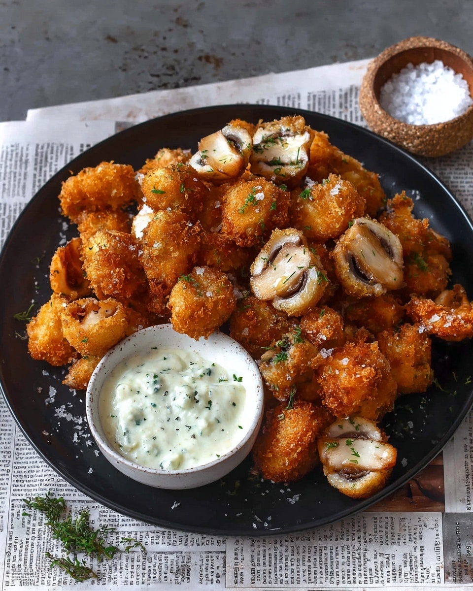 A black plate filled with two layers of golden brown, crispy fried mushroom pieces, some whole and some cut in half showing white and brown mushroom interiors, sprinkled lightly with green herbs. The plate sits on top of a newspaper with a small round rock holding coarse salt in the background. In front of the plate is a small white bowl filled with creamy white sauce with green herb pieces mixed in, placed on a white marbled surface. photo taken with an iphone --ar 4:5 --v 7