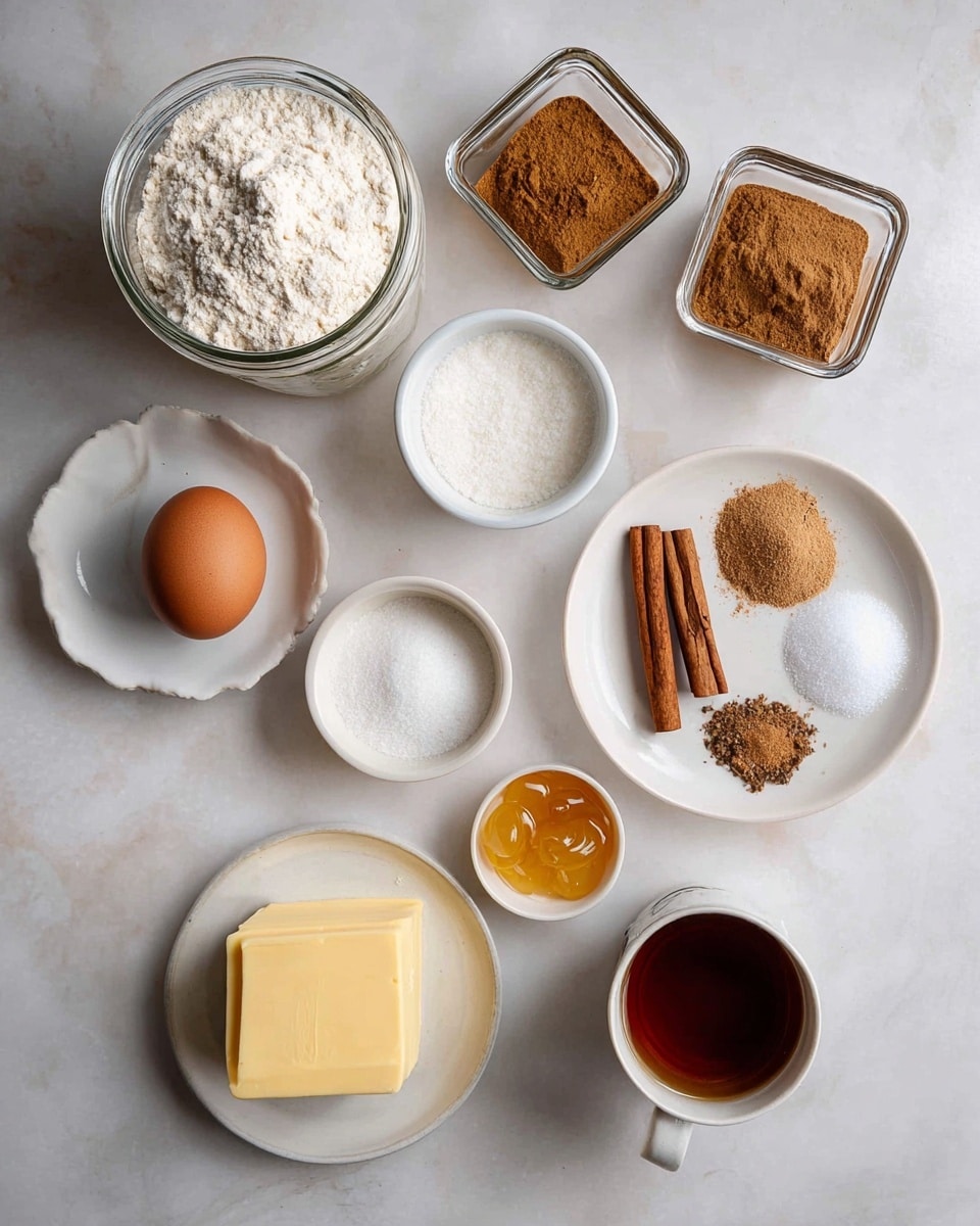 The image shows a top view of various baking ingredients neatly arranged on a white marbled surface. At the top left is a large glass jar filled with white flour, next to a square glass jar containing light brown sugar, and another square glass jar holding ground cinnamon. Below the jars, a small white bowl contains white powdered sugar. In the center right, a white plate holds several small piles of spices: brown sugar, white granulated sugar, salt, ground nutmeg, and three cinnamon sticks. Below this plate, a round white plate has a large square of pale yellow butter. To the left, a small white bowl holds a single brown egg. At the bottom right, a white bowl carries white powdered sugar, golden syrup, and honey arranged in three blobs. Finally, a white cup filled with a dark amber liquid, likely tea, sits near the center right, completing the clean, organized composition. Photo taken with an iphone --ar 4:5 --v 7