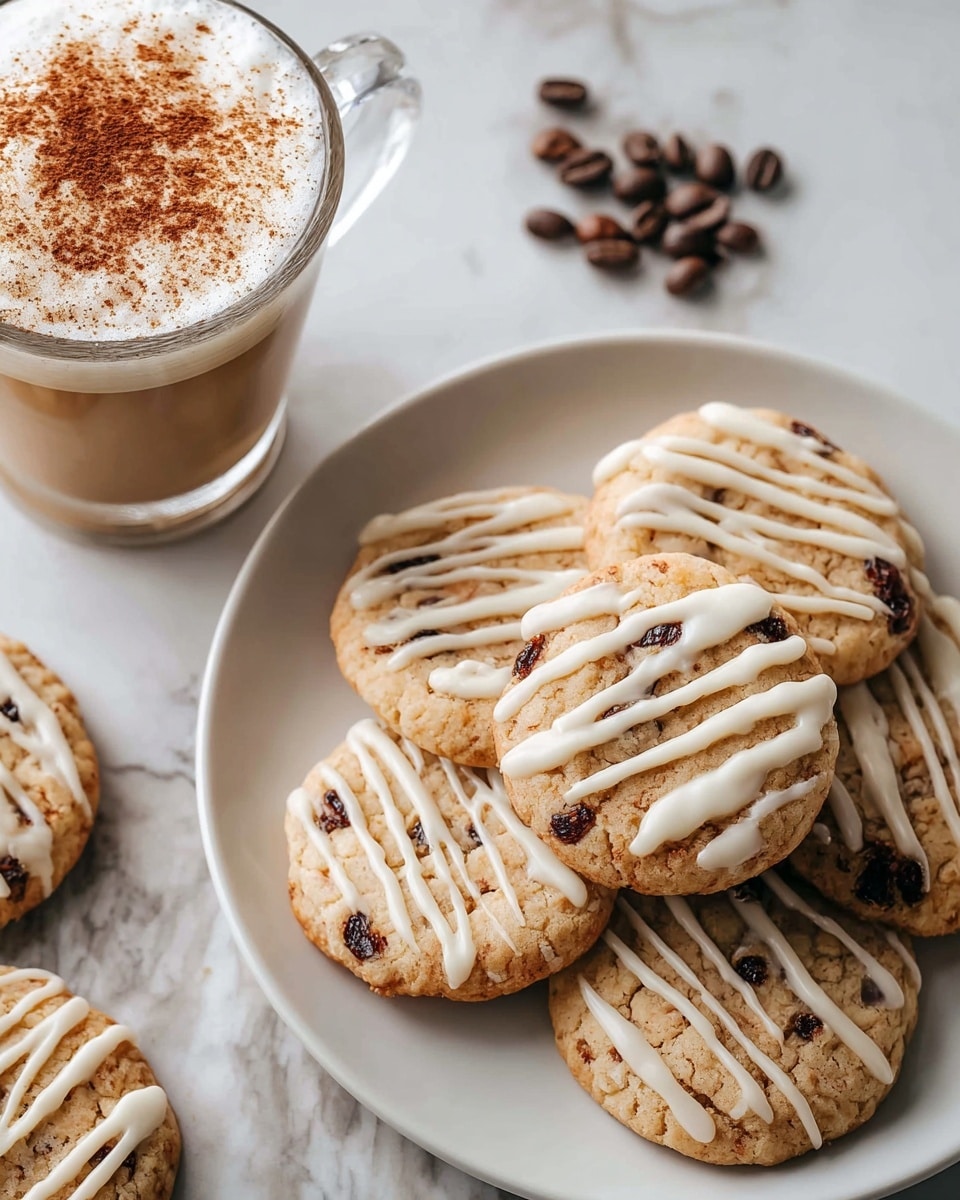 On a white plate, there are six round cookies with a light brown color and slightly darker brown spots where raisins or chocolate chips might be. Each cookie has white icing drizzled across the top in thin, uneven lines. Next to the plate is a clear glass cup filled with light brown coffee topped with white foam and sprinkled with a brown powder, likely cinnamon or cocoa. Scattered nearby are a few coffee beans on a white marbled surface. Photo taken with an iphone --ar 4:5 --v 7