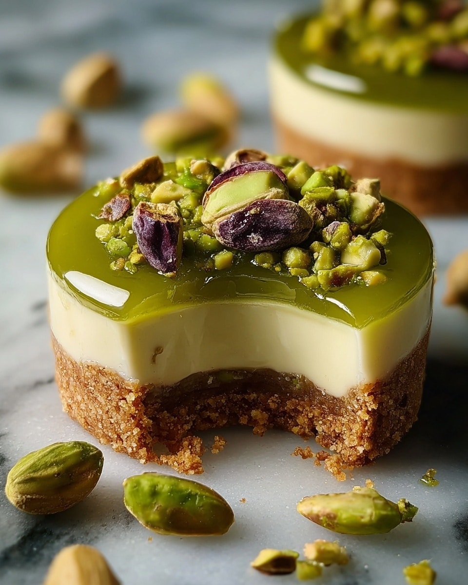 A close-up of a small tart with three layers on a white marbled surface: the bottom layer is a thick, crumbly golden-brown crust; the middle layer is a smooth, creamy off-white filling; the top layer is a shiny, vibrant green jelly with chopped green and purple pistachio nuts scattered on it. There are a few whole and cracked pistachio nuts around the tart, and the tart has a single bite taken out of it, showing the inside clearly. Photo taken with an iphone --ar 4:5 --v 7