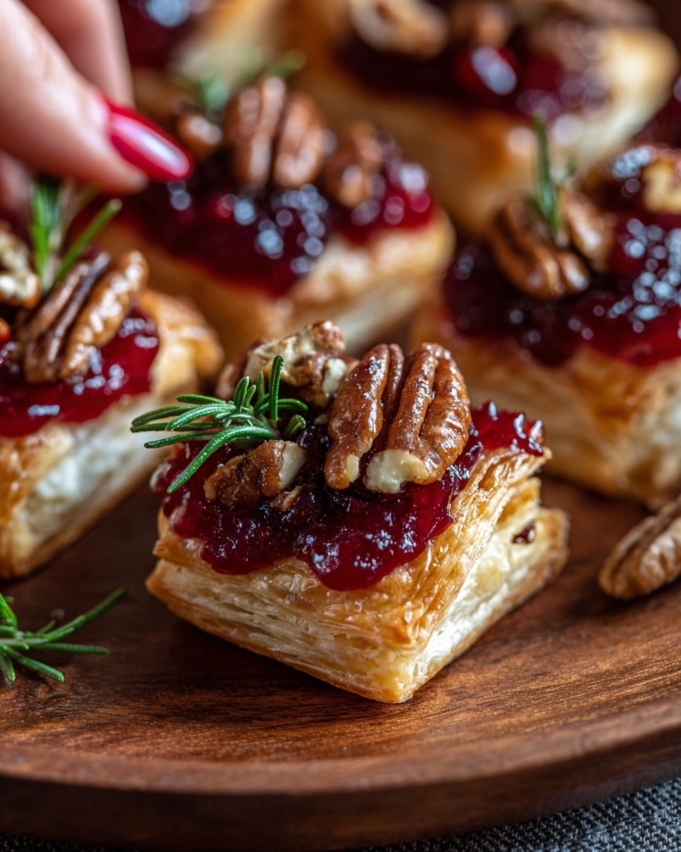 This image shows small square puffs of golden, flaky pastry forming the base layer, each with multiple visible layers in a light crispy texture. On top of each pastry is a thick layer of bright red, glossy cranberry jelly with a slightly chunky texture. Sprinkled over the cranberry layer are halves of toasted pecans, adding a rich brown color and a crunchy texture. Small sprigs of fresh green rosemary decorate the top and the white marbled surface around the pastries, adding a touch of brightness to the scene. The pastries are placed closely together on a brown wooden tray, and a woman's hand is seen gently holding one piece. Photo taken with an iphone --ar 4:5 --v 7