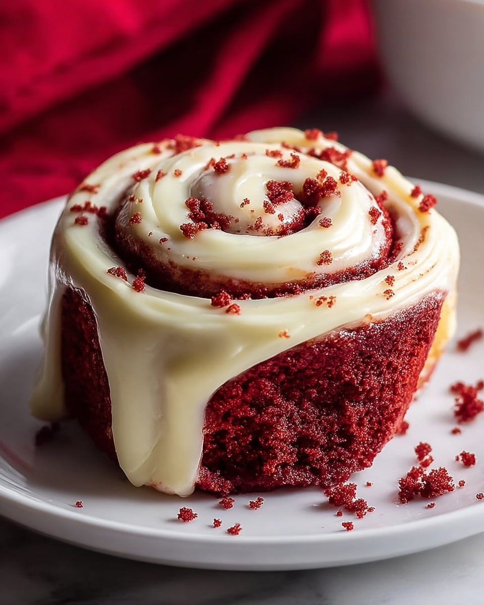 A single red velvet cinnamon roll sits on a white plate, showing its two main layers: a deep red cake-like dough spiraled neatly with a light, creamy white frosting generously spread across the top and sides, dripping slowly down the edges. The surface is sprinkled with small crumbs of the red cake, adding texture and detail, while the frosting has a smooth, glossy appearance with some thicker dollops. The plate rests on a white marbled texture, and a red cloth is softly blurred in the background. Photo taken with an iphone --ar 4:5 --v 7