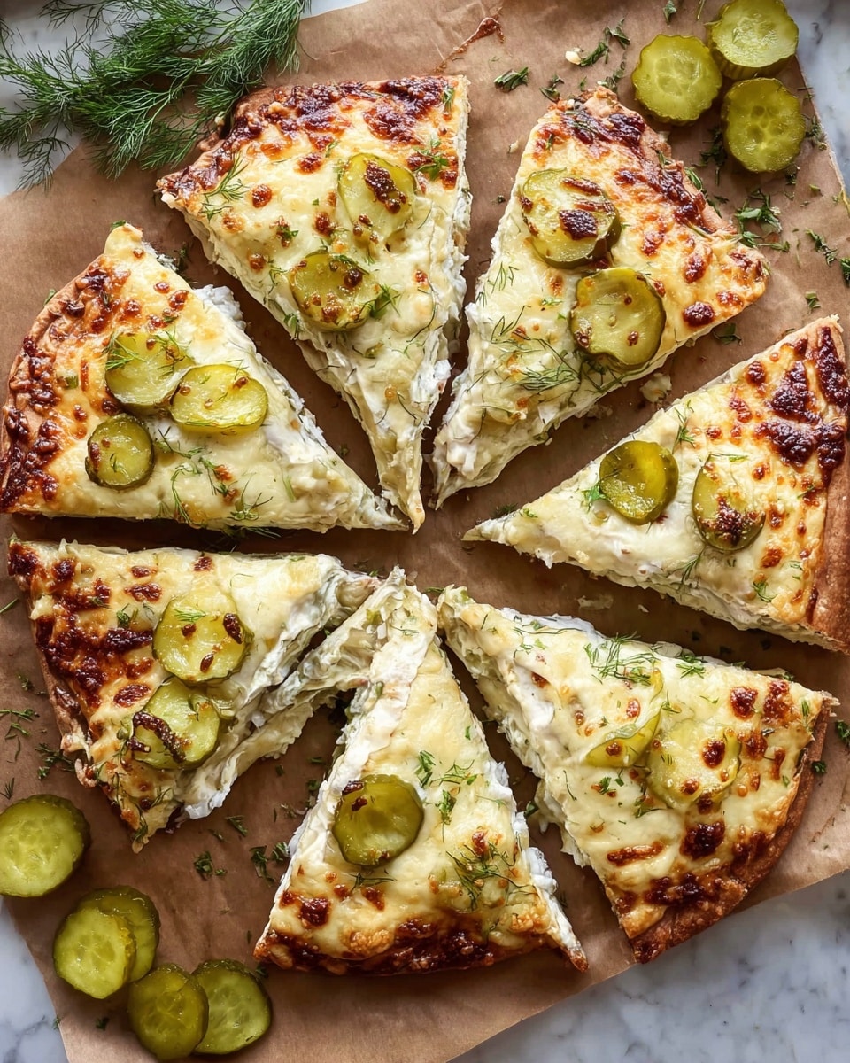 The image shows a round pizza cut into eight triangular slices arranged in a circle on brown parchment paper over a white marbled surface. The pizza has a thick, golden-brown melted cheese layer on top with bubbly and slightly browned spots. Below the cheese is a white creamy layer with visible sprigs of green herbs and thick sliced pickles spread evenly across each slice. The crust is thick and soft with a light golden color. Near the pizza, there are fresh green herb sprigs and pickle slices scattered on the white marbled background. photo taken with an iphone --ar 4:5 --v 7