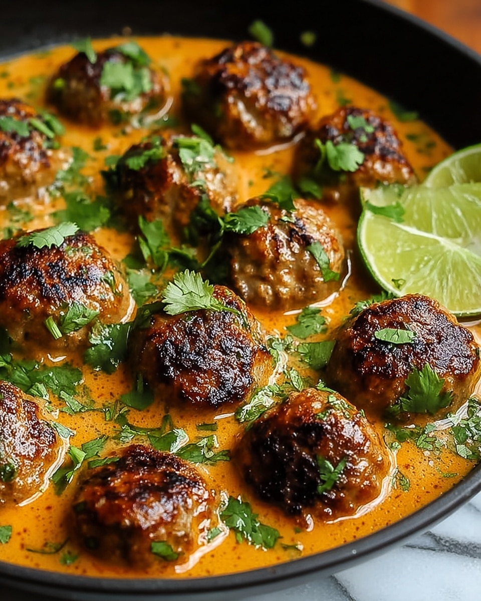 A close-up view of about twelve browned meatballs sitting in two layers within a black bowl filled with creamy orange sauce, topped with scattered fresh green cilantro leaves; in the top right corner, two bright green lime wedges rest partially submerged in the sauce, all placed on a white marbled surface. Photo taken with an iphone --ar 4:5 --v 7