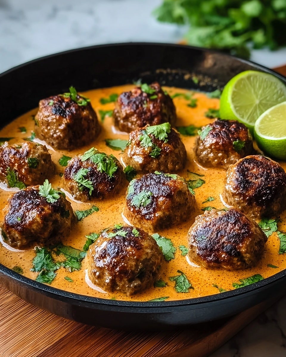 The image shows nine browned meatballs in a shallow black pan filled with a creamy orange-colored sauce, dotted with fresh green cilantro leaves. The meatballs are evenly spaced, their surface slightly crispy with a mix of golden and dark brown colors. Two green lime halves sit at the top right corner inside the pan, adding a fresh contrast to the warm tones of the dish. The pan is set on a wooden board, with a soft blurred background featuring some greenery, all on a white marbled surface. photo taken with an iphone --ar 4:5 --v 7