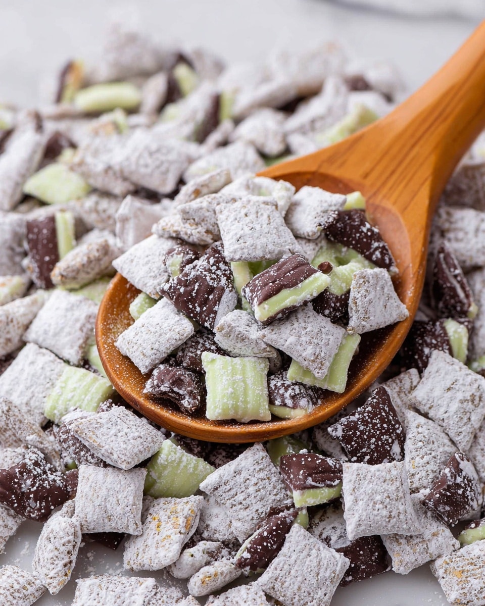 The image shows a close-up of a wooden spoon filled with a snack mix resting on a large pile of the same mix on a white marbled surface. The mix has multiple layers consisting of small square and rectangular pieces covered in white powdered sugar, giving a rough texture. Interspersed are dark brown and light green striped chocolate pieces that are smooth and glossy, folded with layers visible in some pieces. The overall colors are soft white powder covering most pieces, with contrasting dark brown and pale green chocolate pieces scattered evenly throughout. Photo taken with an iphone --ar 4:5 --v 7
