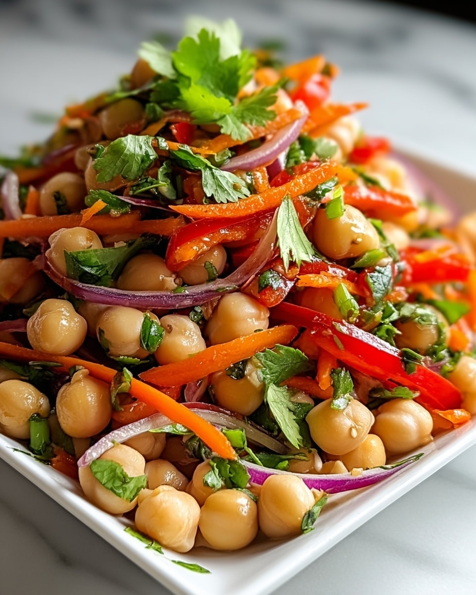 A close-up view of a fresh chickpea salad served on a white square plate placed on a white marbled surface. The dish has three main layers: the base layer features plump, light beige chickpeas with a smooth texture; the middle layer is a mix of thinly sliced bright orange carrots and shiny red bell peppers, adding crunch and vibrant color; the top layer includes fresh green cilantro leaves and small pieces of purple onion, scattered evenly to add a fresh and sharp contrast. The vegetables look crisp and glossy, giving the salad a lively and colorful appearance. photo taken with an iphone --ar 4:5 --v 7