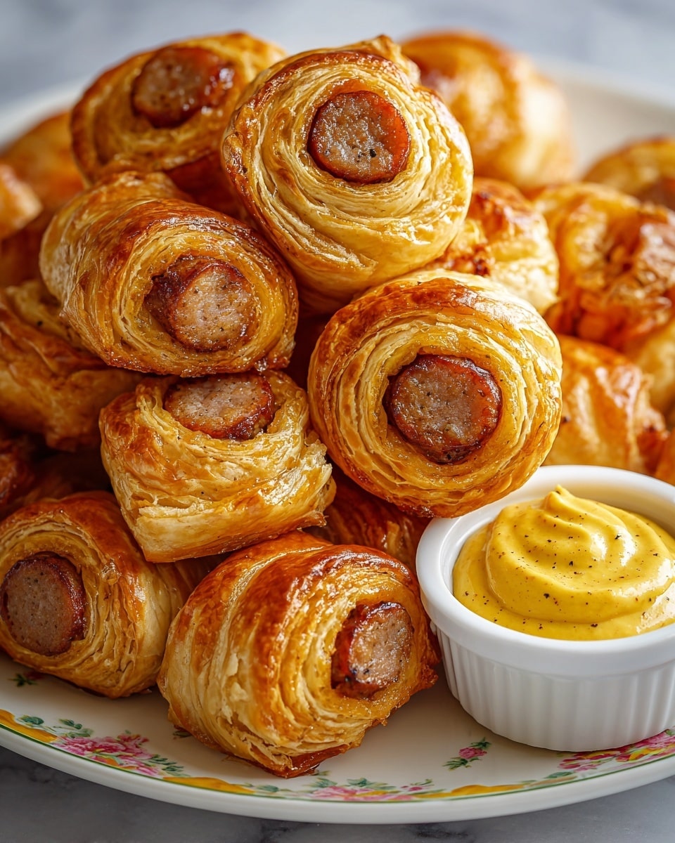 The image shows a pile of puff pastry sausage rolls, each with a golden-brown, flaky, layered puff pastry wrapped around a browned sausage piece in the center. The puff pastry has many thin, crisp layers that create a textured, spiral look as it wraps around the sausage. Next to the pile, there is a white ramekin filled with smooth, creamy yellow mustard with some black specks. The rolls and ramekin sit on a white plate with a floral rim, all placed on a white marbled surface. photo taken with an iphone --ar 4:5 --v 7