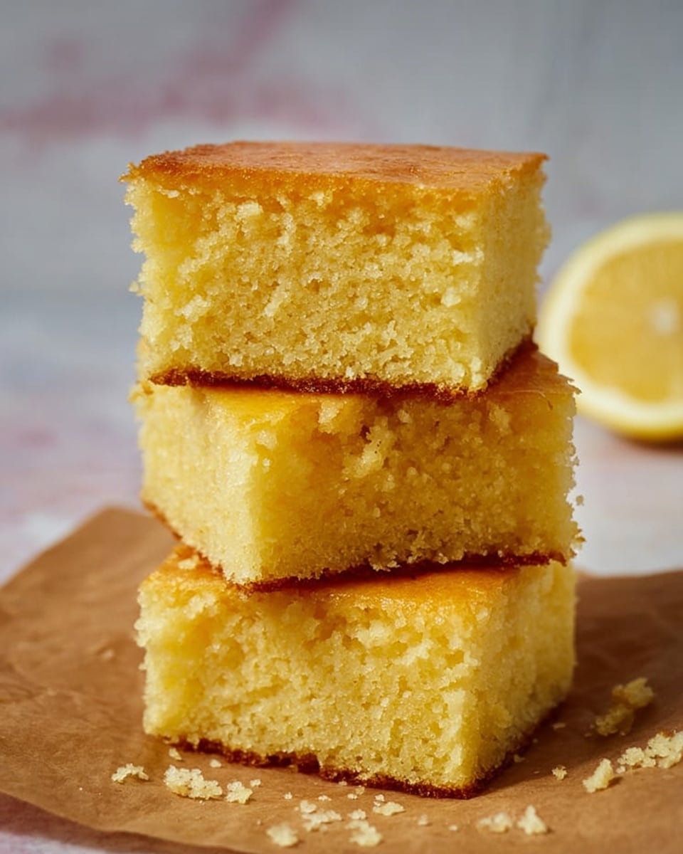 Three square pieces of yellow cake are stacked on top of each other on a piece of brown parchment paper. Each cake piece has a moist and crumbly texture with a light golden crust on the edges, and a thin, slightly glossy glaze on top. The background shows a blurred half lemon placed on a white marbled surface. The overall look is fresh and inviting. photo taken with an iphone --ar 4:5 --v 7