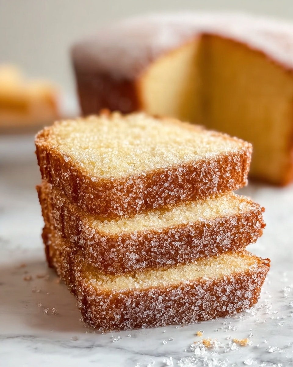 Three slices of soft yellow pound cake are stacked unevenly on a white marbled surface. Each slice has a golden-brown crust coated with a layer of granulated sugar, giving a slightly rough texture. The inside of the cake looks moist and crumbly with a pale yellow color. There is a whole cake blurred in the background, showing a similar sugar-coated crust. Photo taken with an iphone --ar 4:5 --v 7