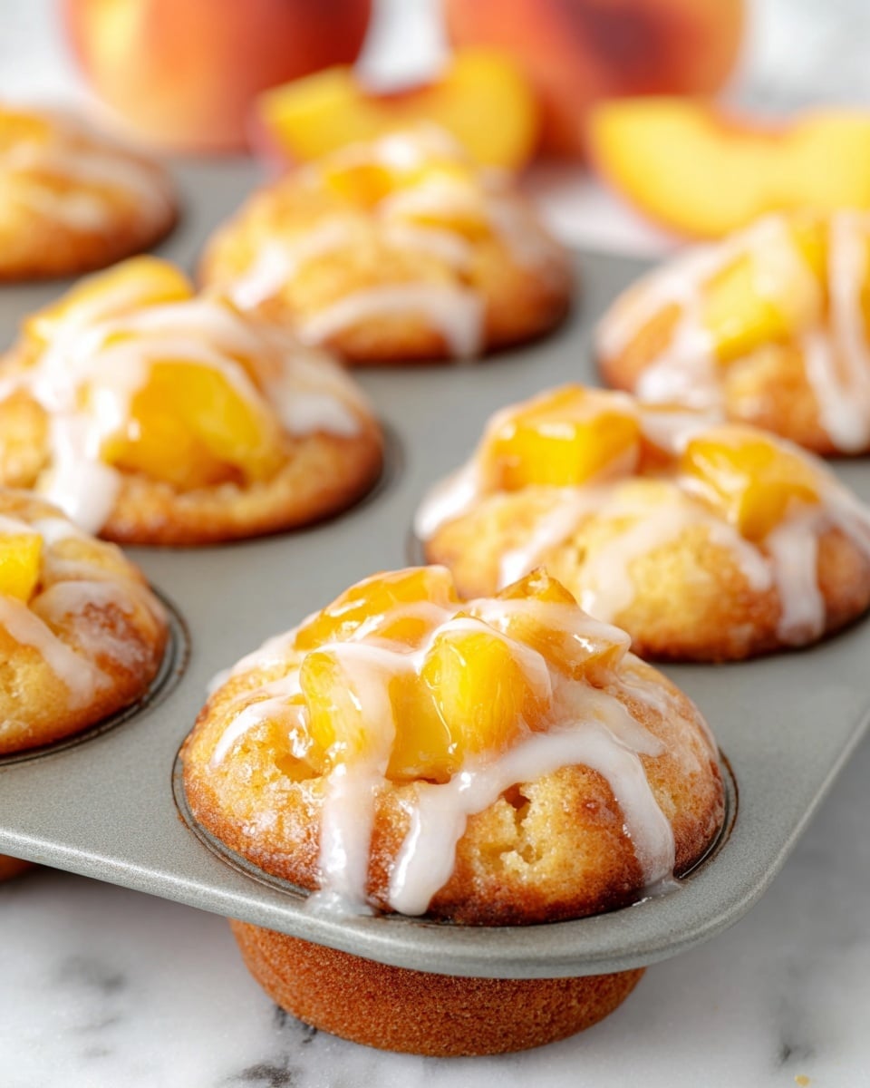The image shows a close-up of several peach pastries in a gray muffin tray. Each pastry has a golden-brown base with a soft texture, topped with a thick layer of glossy yellow peach chunks in syrup. A drizzle of white icing is scattered over the top of each peach topping, adding contrast to the warm colors. The background features soft blurry peaches and a white marbled surface. The pastries look fresh and slightly shiny, with the muffin tray edges visible in the foreground, giving a cozy kitchen feel. Photo taken with an iphone --ar 4:5 --v 7