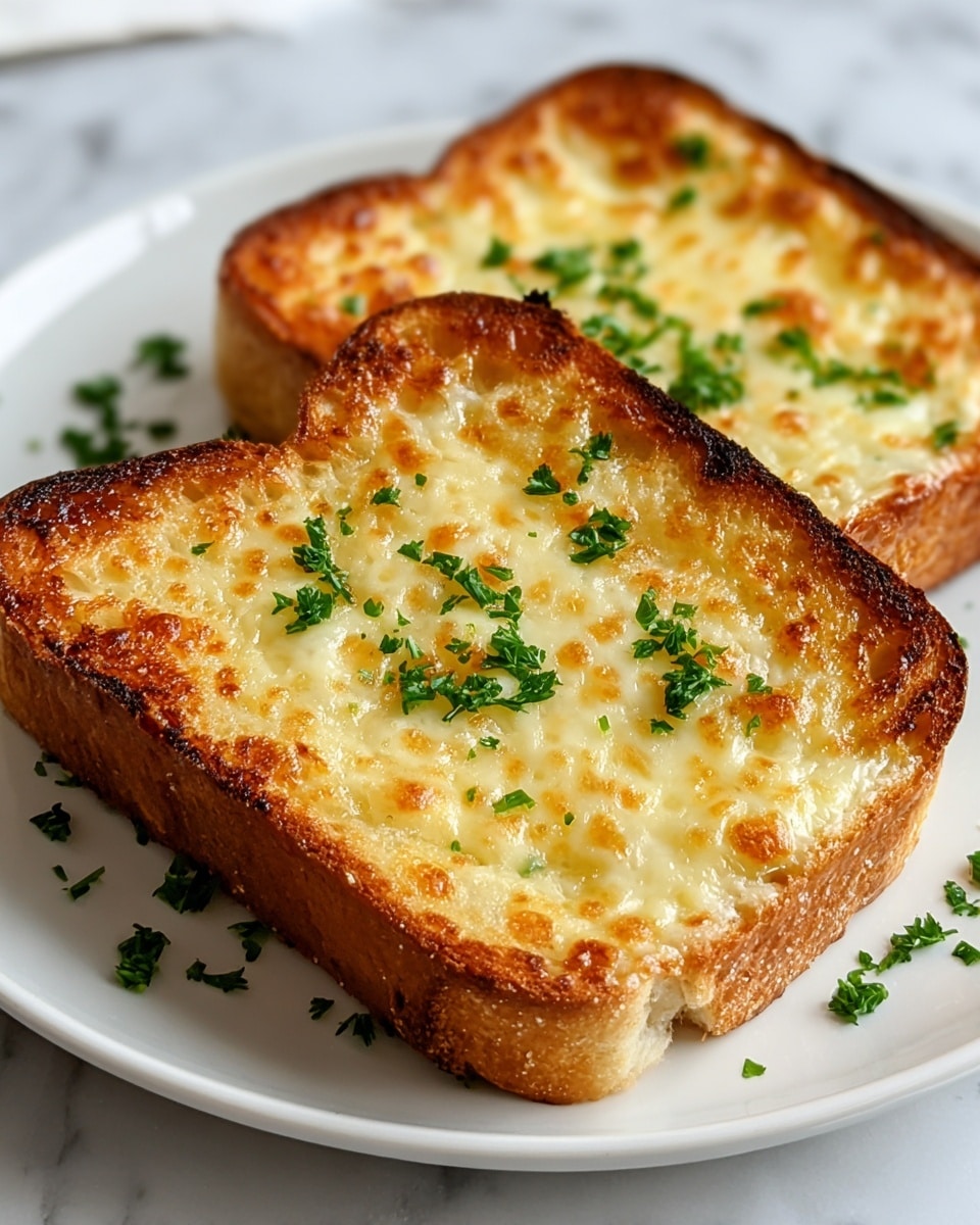 Two thick slices of toasted bread are topped with a golden layer of melted cheese that is bubbly and slightly browned in spots. The toasted crusts are a deep golden brown, crisp and thick around the edges. Chopped green herbs are scattered lightly on top of the cheese and around the bread on a simple white plate. The plate rests on a white marbled surface with a soft, natural light illuminating the textures and colors. photo taken with an iphone --ar 4:5 --v 7