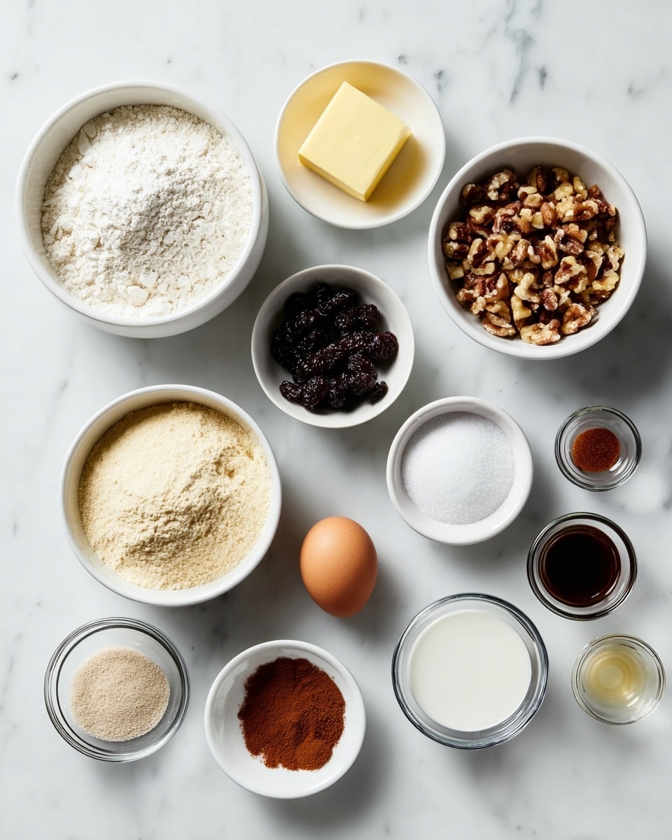 The image shows various baking ingredients neatly arranged on a white marbled surface. There are 12 containers in total, including a large white bowl filled with white flour on the left, a small white bowl with a yellow square of butter above it, and another small white bowl containing brown chopped nuts to the right. Next to the nuts is a small white bowl filled with dark dried berries. There is also a small bowl with white sugar, a smaller bowl with brown sugar piled up, and a small bowl with a light liquid below the flour. Small glass bowls contain a white powder, a reddish brown powder, and salt. Two small glass cups hold dark and light liquids near the center bottom. A single whole brown egg sits empty near the bottom center surrounded by the ingredients. The image is bright and clean with all items spaced evenly and clearly visible. photo taken with an iphone --ar 4:5 --v 7