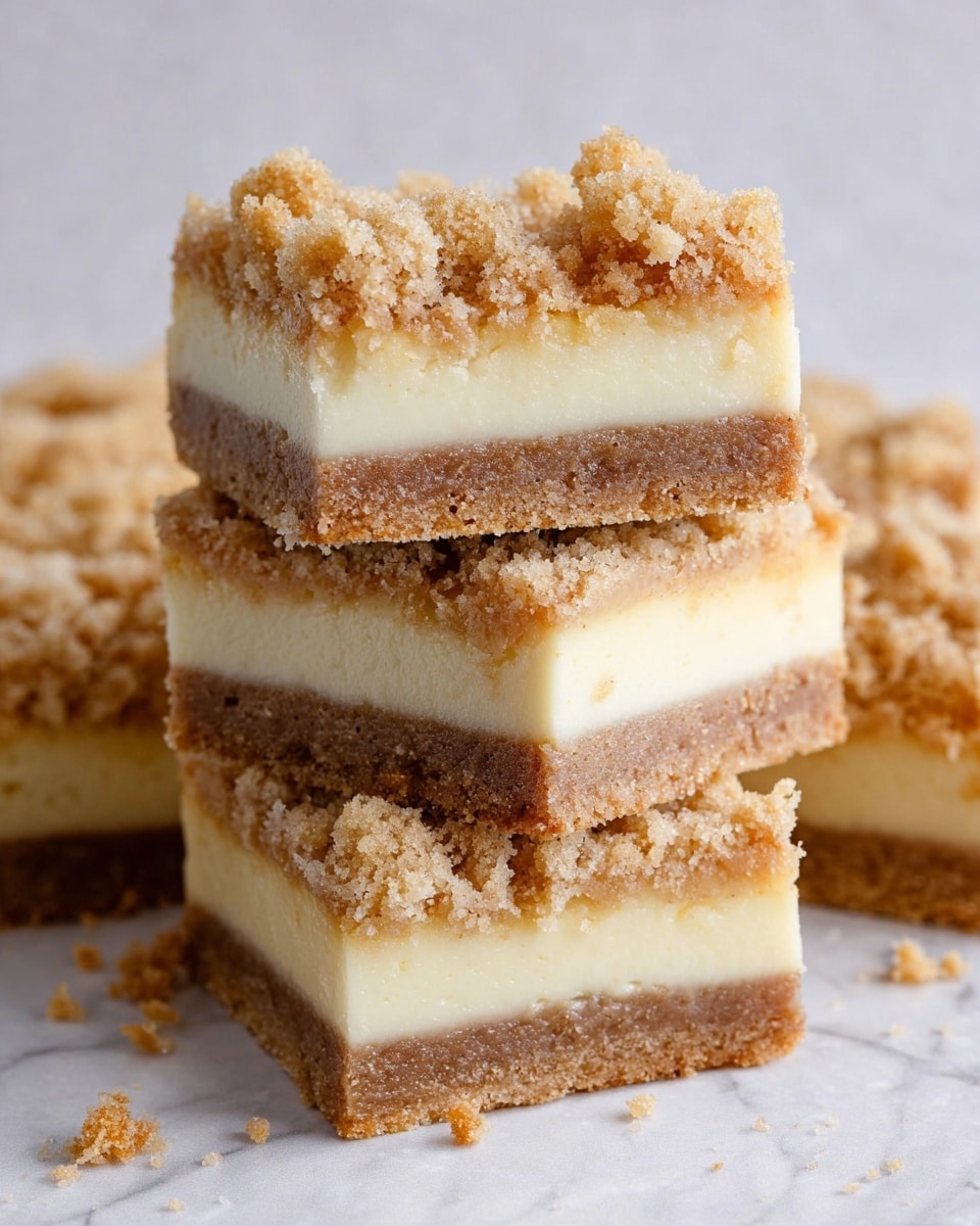 This image shows a stack of crumb cake bars with three clear layers. The bottom layer is a dense, light brown crust with a slightly crumbly texture. Above that is a thick, smooth cream-colored middle layer that looks soft and moist. On top is a chunky crumb topping that is golden brown with bits of sugar crystals and spices visible, giving it a rough texture. Crumbs from the topping are scattered around the base of the bars. The bars are arranged on a surface with a white marbled texture and are stacked closely together. photo taken with an iphone --ar 4:5 --v 7