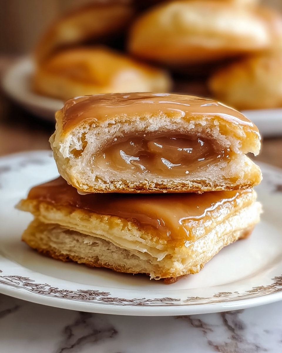 Two square pastries are on a white plate with a delicate dark floral pattern around the edge, placed on a white marbled surface. The bottom pastry is whole with a golden-brown glossy top layer slightly cracked at the sides, showing a moist texture. The top pastry is cut in half and stacked on the bottom one, revealing a thick, shiny, translucent caramel-like filling inside that is light brown and gooey. The outer layers of both pastries are flaky and light beige, contrasting with the glossy darker top. In the soft background, more whole pastries are slightly blurred. photo taken with an iphone --ar 4:5 --v 7