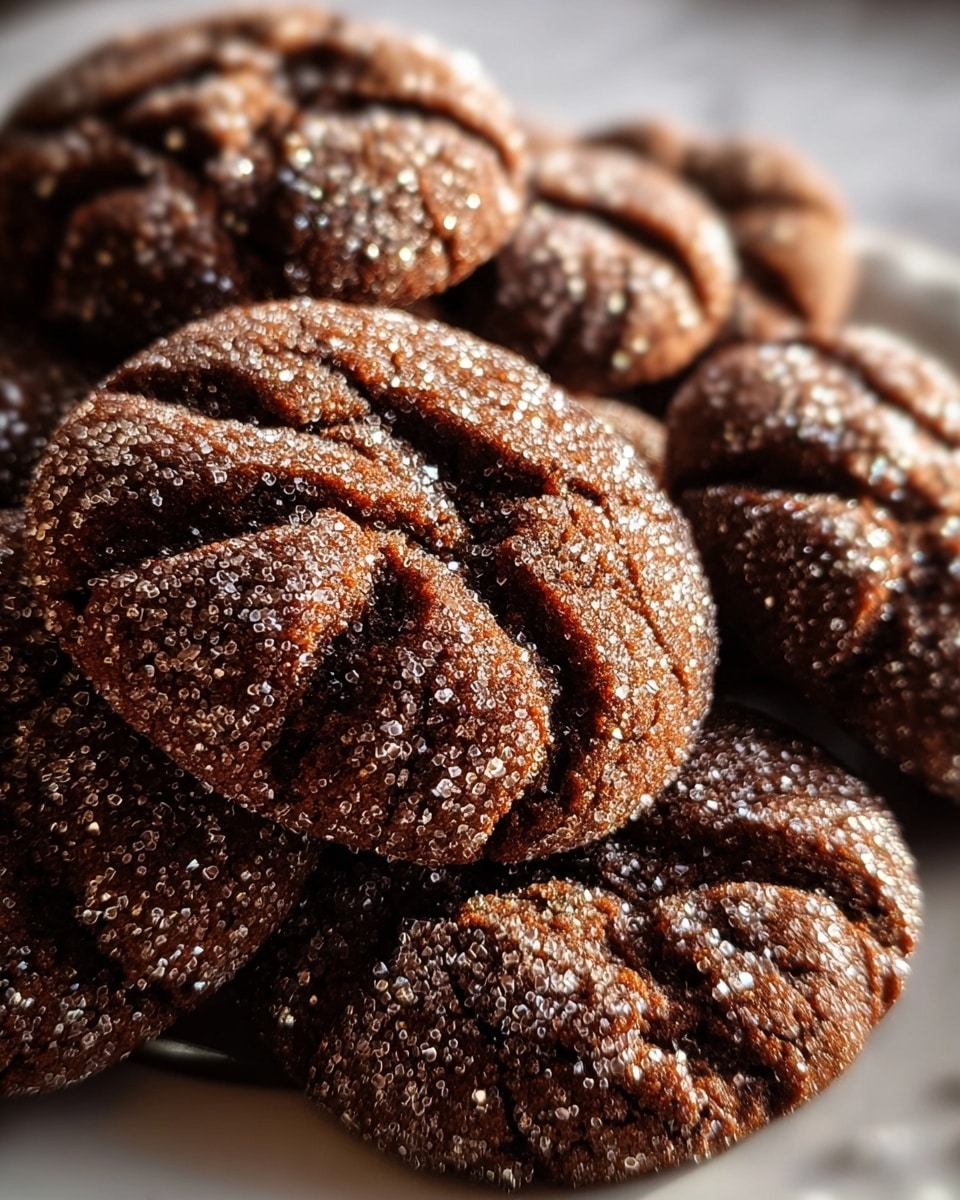 A close-up image of a group of dark brown cookies covered with large sugar crystals that sparkle in the light, each cookie showing deep cracks and ridges that give them a rough texture. They are piled closely together on a white plate, with the focus on the front cookie while the rest blur softly in the background, all set on a white marbled surface. photo taken with an iphone --ar 4:5 --v 7