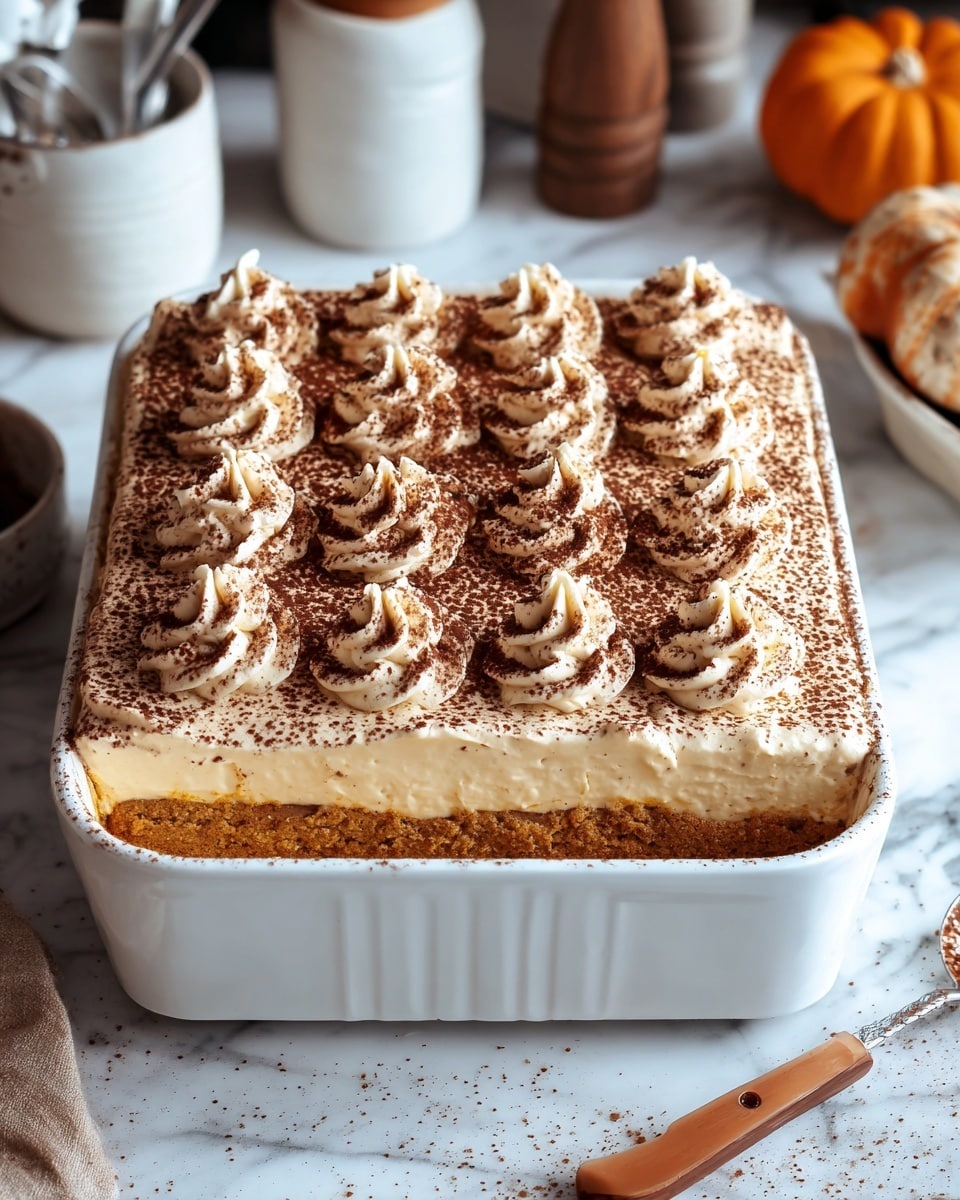 The image shows a white square baking dish filled with a layered dessert. The bottom layer is a thick, golden-brown crust with a crumbly texture. Above it is a creamy, smooth light beige filling. The top is decorated with evenly spaced small swirls of whipped cream, each dusted with a fine layer of cocoa powder, creating a rich contrast of light cream and dark brown. The dish sits on a white marbled surface, and a spoon with a wooden handle is placed nearby on the right side. In the background, there is a small pumpkin and some kitchen items slightly out of focus. Photo taken with an iphone --ar 4:5 --v 7