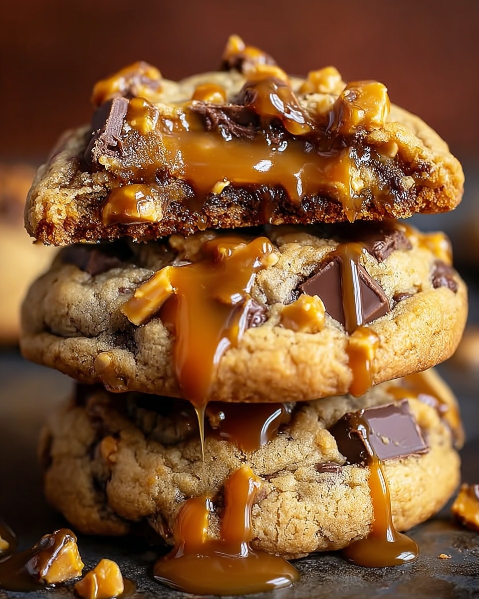 A stack of three thick cookies is shown closely, each cookie golden brown with a slightly cracked texture. The top cookie is broken in half, revealing a gooey caramel center oozing out. Large dark chocolate chunks and small caramel bits are embedded throughout all three cookies. Drizzles of shiny caramel sauce flow over the top cookie and down the sides of the others, enhancing the rich, sticky look. The stack sits on a dark surface with a softly blurred background, highlighting the warm colors and textures of the cookies. photo taken with an iphone --ar 4:5 --v 7