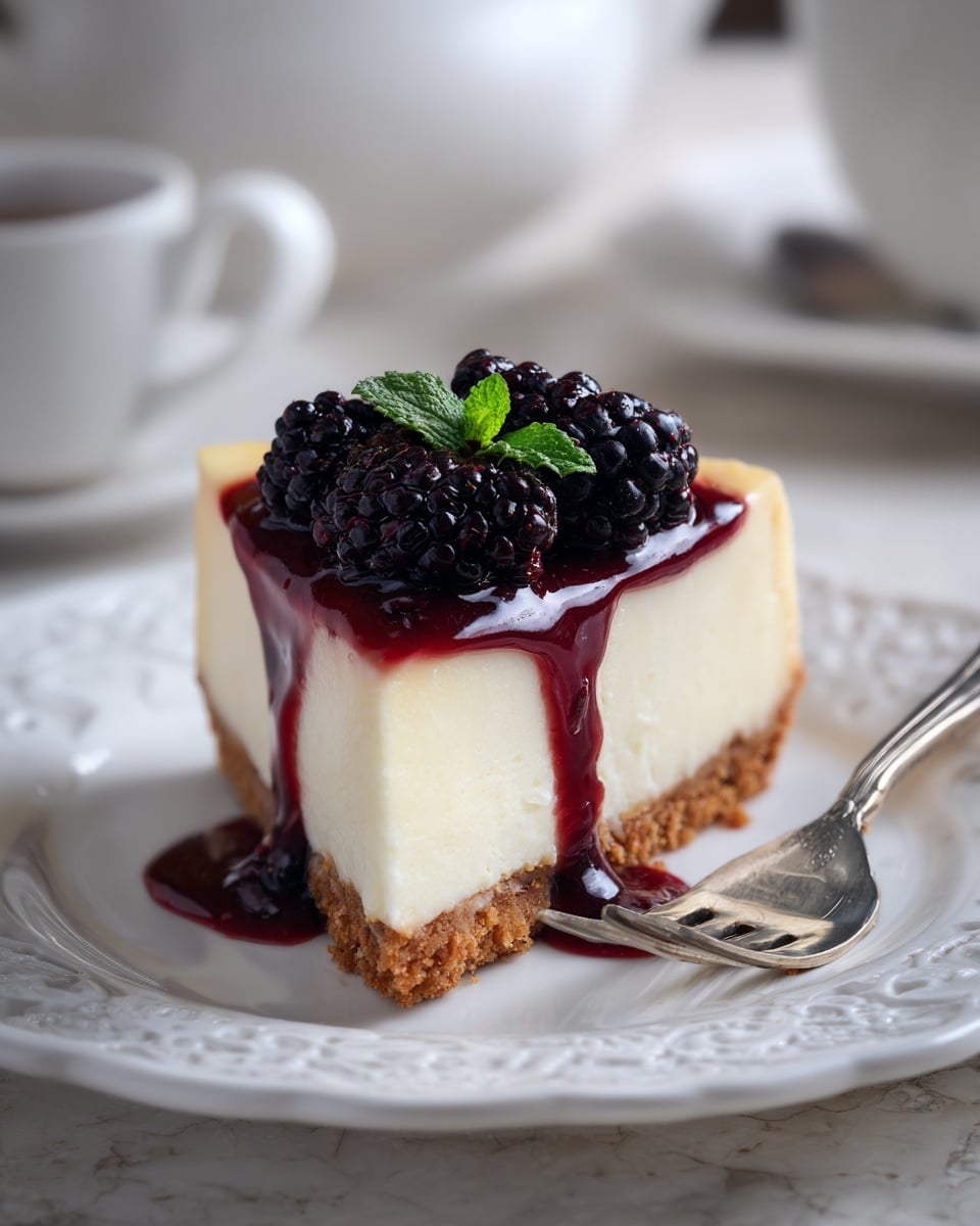 A single slice of cheesecake is shown on a white plate with delicate embossed edges. The cheesecake has three layers: a thin, crumbly brown base, a thick and smooth creamy white middle layer, and a glossy dark red berry sauce layer on top that drips slightly down the side. On top of the sauce are several shiny, plump blackberries arranged, with a small green mint leaf in the center adding a fresh color contrast. A silver fork rests beside the cheesecake on the plate. The scene has a soft, white marbled texture background with blurred white cup and saucer behind. photo taken with an iphone --ar 4:5 --v 7