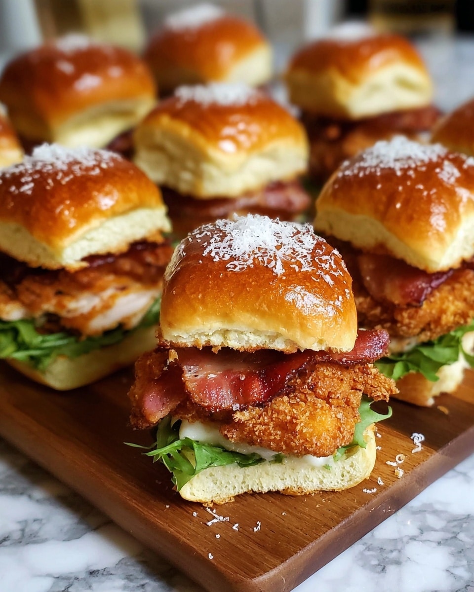 The image shows several small sandwiches on a wooden board with a white marbled surface below. Each sandwich has three layers: the bottom layer is a soft, slightly toasted light golden bun, followed by green leafy lettuce, a thick piece of crispy golden-brown fried chicken, and a few strips of crispy red-brown bacon. The top layer is a shiny golden-brown bun sprinkled with white grated cheese. The sandwiches are arranged in a scattered but neat way, with one in the front in clear focus and the others blurred in the background. photo taken with an iphone --ar 4:5 --v 7