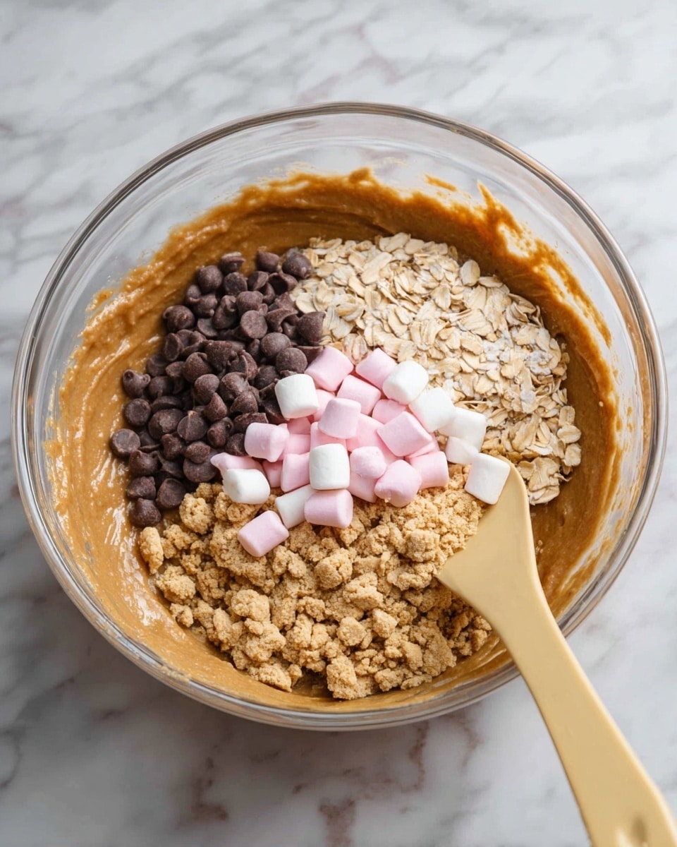 A clear glass mixing bowl sits on a white marbled surface, filled with a thick, light brown batter at the bottom layer. On top of the batter, there are four separate piles arranged side by side: rolled oats with a beige, rough texture, smooth dark brown chocolate chips, small pink and white marshmallows, and crushed light tan cookies with a crumbly texture. A pale yellow spatula is partially dipped into the mixture from the right side of the bowl. Photo taken with an iphone --ar 4:5 --v 7