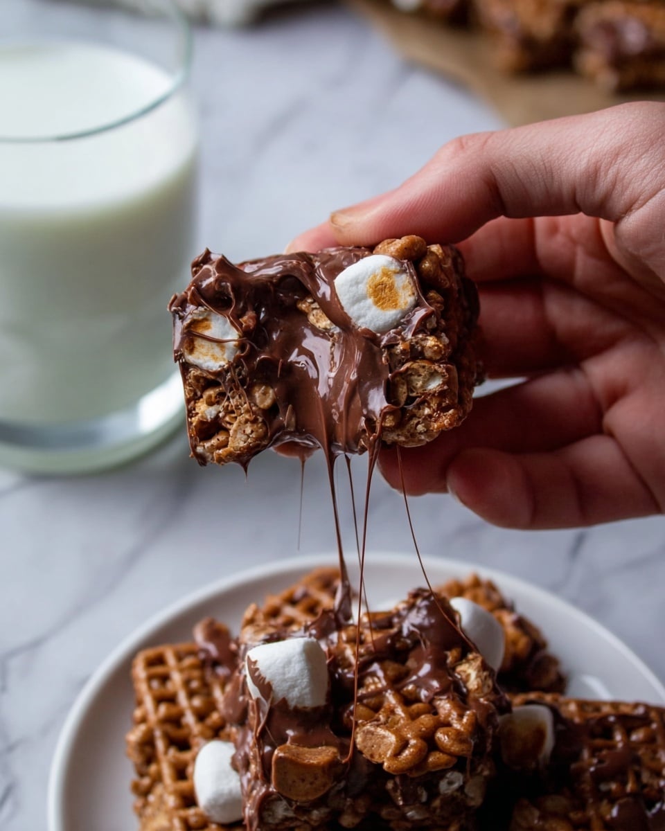 A close-up image shows a close-up of a woman's hand holding a gooey square of chocolate-covered cereal treat. The treat has a dark brown, shiny, melted chocolate layer binding light brown crispy cereal pieces with grid texture and small white marshmallow bits. Thin, stretchy strings of melted chocolate connect the square to the rest of the treat. In the blurred background, there is a clear glass filled with white milk sitting on a white marbled surface and a white plate filled with more of the same cereal treats. Photo taken with an iphone --ar 4:5 --v 7