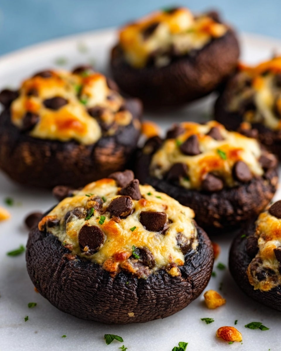 The image shows four stuffed mushrooms placed on a white plate with a white marbled surface underneath. Each mushroom has a dark brown, slightly wrinkled base that holds a creamy cheese filling on top. The cheese layer is light golden brown with a slightly crispy texture from baking, and it is sprinkled with small green herb pieces, adding a fresh color contrast. Some chopped herbs are also scattered around the mushrooms on the plate. The mushrooms are arranged in a close group, focusing on the front two with the others slightly blurred in the background. photo taken with an iphone --ar 4:5 --v 7