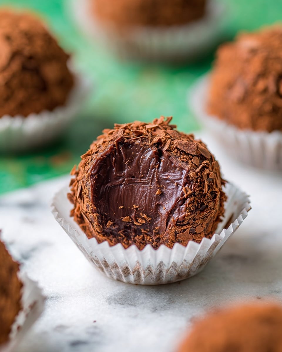 A close-up view of a round chocolate truffle with a matte dark brown cocoa coating and rough shavings on the outside, placed in a white ridged paper cup. The surface of the truffle shows smooth and glossy chocolate underneath with visible finger marks and texture, hinting at its soft inside. The truffle sits on a white marbled surface with other similar truffles in the background, slightly out of focus, all also placed in white ridged paper cups arranged loosely around. The overall feeling is rich and handmade, with a sharp focus on the main truffle in the center. photo taken with an iphone --ar 4:5 --v 7