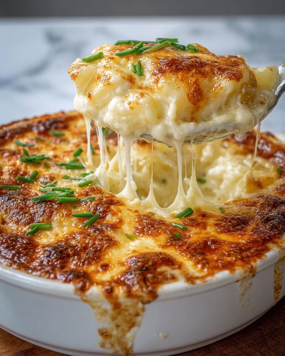 A white deep dish filled with a creamy baked casserole that has a thick golden brown melted cheese layer on top, decorated with small green chive pieces scattered across the surface. One large scoop is being lifted, showing layers beneath: a stringy, gooey melted cheese pulling up in long strands, below which is a smooth white sauce and tender chunks of cubed potatoes inside. The white marbled surface underneath adds light contrast to the rich, warm colors of the dish. Photo taken with an iphone --ar 4:5 --v 7