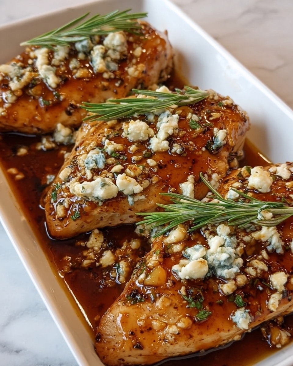 The image shows three cooked chicken breasts arranged closely in a white rectangular dish, each piece covered with a shiny, golden-brown glaze sauce that pools slightly at the bottom. Crumbled white and blue cheese is sprinkled generously over the chicken, adding a textured, crumbly layer on top. Fresh green sprigs of rosemary rest on each piece, giving a fresh, leafy contrast. Small bits of herbs are embedded within the glaze on the chicken surface, creating speckles of deep green. The dish sits on a white marbled surface. photo taken with an iphone --ar 4:5 --v 7