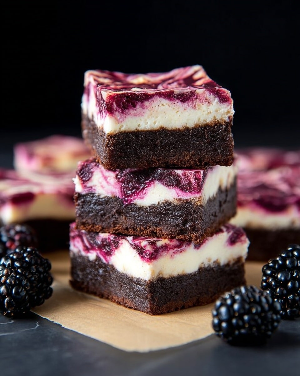 The image shows several square pieces of a dessert with two layers, placed on crumpled brown parchment paper over a white marbled surface. The bottom layer is a light cream color with a smooth texture, while the top layer features a rich swirl of pink and purple shades with a marbled pattern that looks creamy and slightly glossy. Scattered around the dessert squares are fresh dark purple blackberries, adding a natural contrast to the bright colors of the dessert. photo taken with an iphone --ar 4:5 --v 7