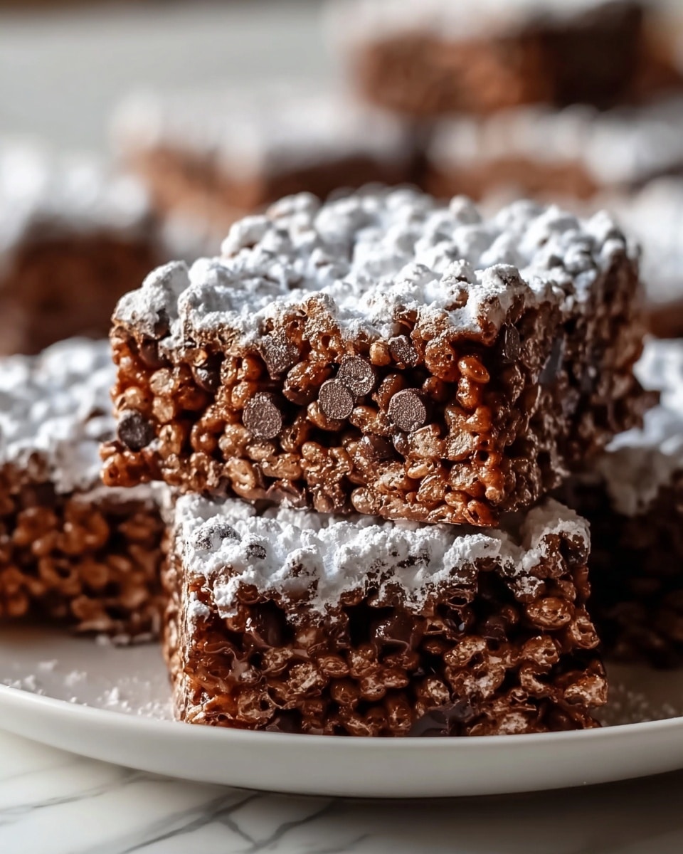 The image shows two stacked chocolate rice crispy treats on a white plate placed on a white marbled surface. Each treat has two visible layers: a dense, dark brown layer mixed with round chocolate chips and crispy rice cereal, creating a bumpy texture, and on top, a thick dusting of white powdered sugar that softly coats the surface, contrasting with the rich darker base. The edges reveal the gooey, slightly melted chocolate binding the crispy rice, making the treats look chewy and sweet. Other similar treats are seen blurred in the background, emphasizing the focus on the stacked piece. photo taken with an iphone --ar 4:5 --v 7