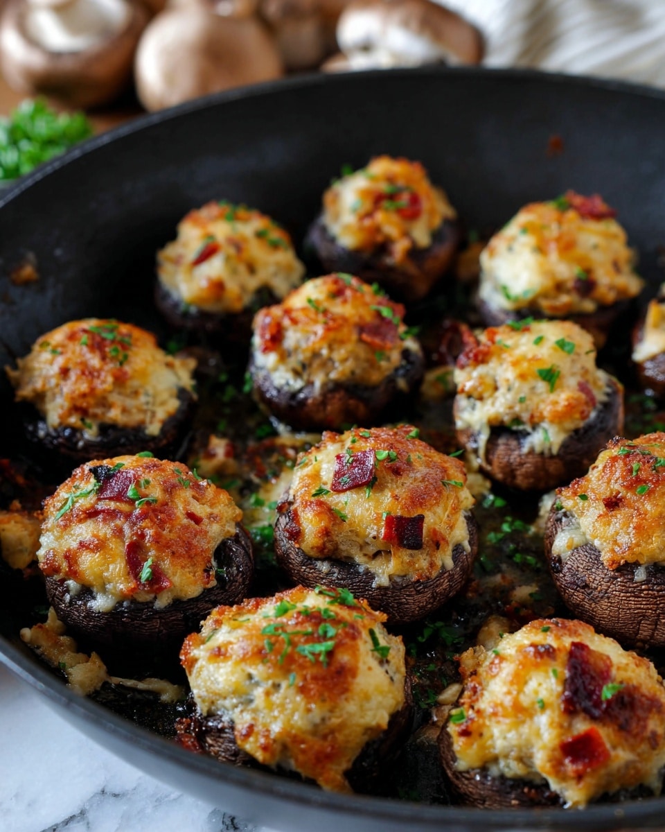 The image shows a black pan filled with about twelve stuffed mushrooms. Each mushroom has a dark brown base capped with a golden-brown, slightly crispy cheese topping that has hints of red and light beige from the stuffing. Small pieces of green herbs are sprinkled on top, adding a fresh look. The mushrooms sit closely together, and some melted cheese and bits of stuffing are visible around them inside the pan. In the background, a few whole mushrooms peek out softly blurred, and the whole scene is set against a white marbled surface. photo taken with an iphone --ar 4:5 --v 7
