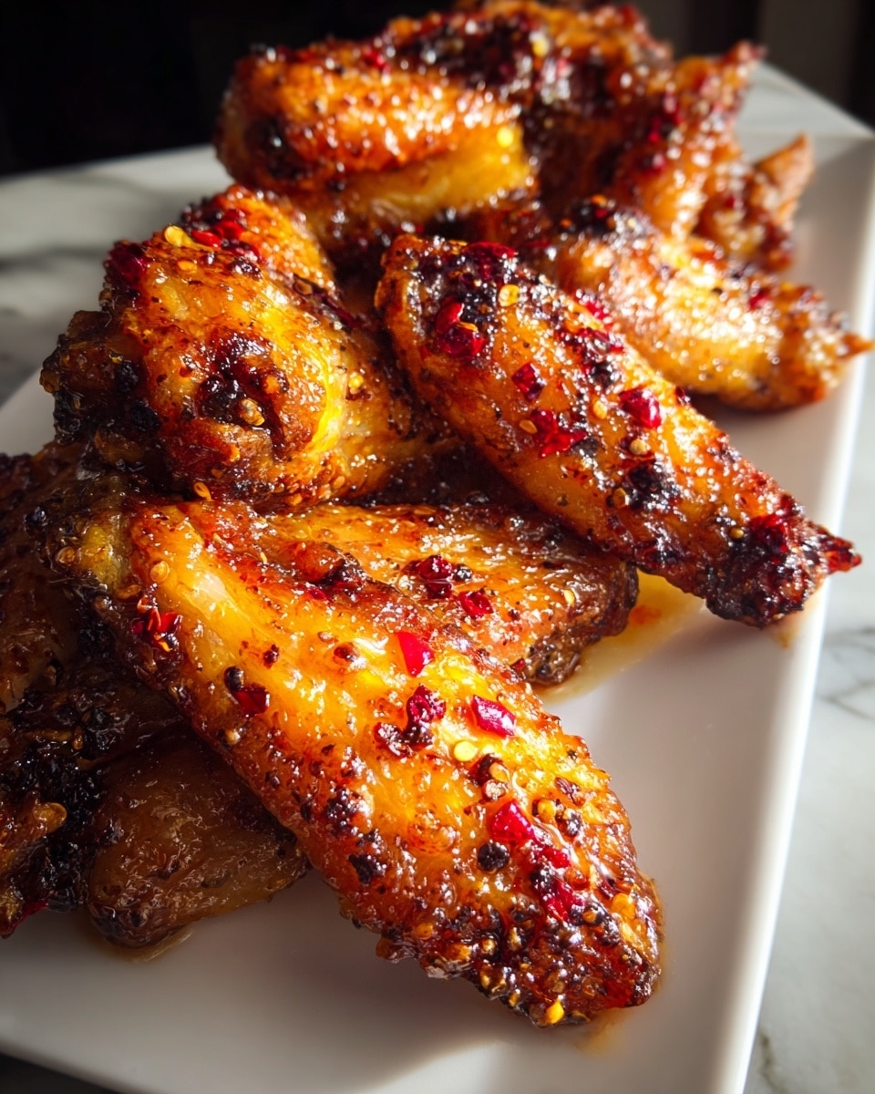 A white rectangular plate holds a pile of seven crispy chicken wings stacked unevenly, with the wings showing a mix of golden brown and dark charred spots. The wings are glazed with a shiny, sticky sauce that has visible crushed red pepper flakes and coarse black pepper specks, creating a vivid texture. The light highlights the glossy surface of the wings, emphasizing the crispy, slightly rough skin. The background is a white marbled texture. photo taken with an iphone --ar 4:5 --v 7