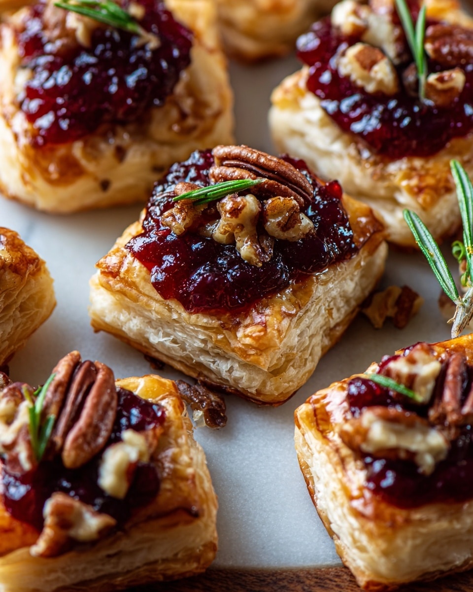 The image shows several small square puff pastry bites arranged closely together on a white marbled surface. Each bite has a golden brown, flaky pastry base with visible layers and a rough texture. On top of the pastry, there is a layer of glossy, dark red cranberry sauce spread thickly, giving a shiny and slightly bumpy look. Small pieces of pecans are sprinkled on top of the sauce, adding a rough, irregular texture and a warm brown color. Tiny green rosemary sprigs are placed on or near each bite, adding a fresh contrast in color. Photo taken with an iphone --ar 4:5 --v 7