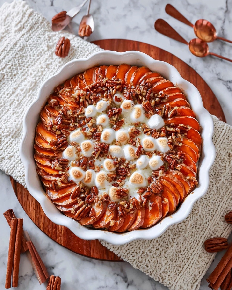 The dish shows three rows of sliced sweet potatoes arranged neatly in a white scalloped round baking dish, each slice a warm orange color with a soft, baked texture. Toasted marshmallows with golden brown tops are scattered evenly across the top layer, melting slightly into the sweet potatoes. Chopped pecans with a rich brown color are sprinkled over the whole dish, adding a crunchy texture. The baking dish sits on a white knitted cloth and a wooden board, all placed on a white marbled texture surface with some cinnamon sticks and measuring spoons around. Photo taken with an iphone --ar 4:5 --v 7
