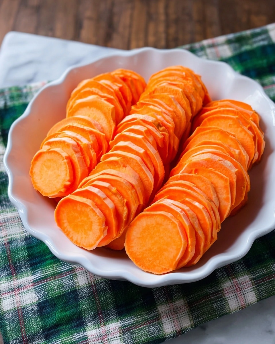 The image shows a white dish filled with three neat rows of thinly sliced orange sweet potatoes. Each row is arranged in slightly curved stacks, with the slices packed closely together, showing their smooth and slightly moist texture. The dish has a scalloped edge, and it sits on a green and white plaid cloth over a wooden surface, all replaced by a white marbled texture. photo taken with an iphone --ar 4:5 --v 7