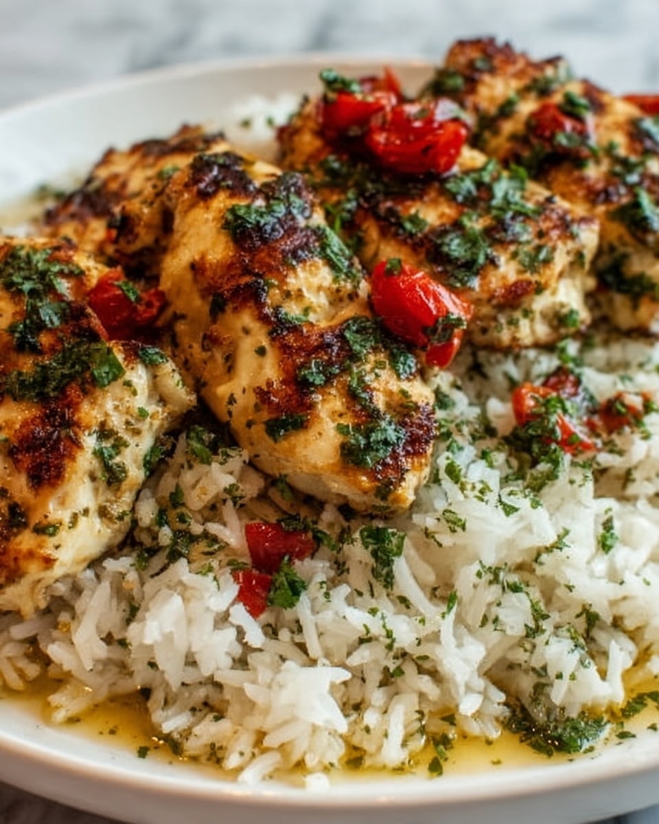 The dish shows a close-up of grilled chicken pieces with a golden-brown color and some char marks, placed on a bed of fluffy white rice mixed with fresh green herbs. The chicken pieces are topped with small red tomato slices and finely chopped green herbs, adding a bright and fresh look. The white rice below has a soft texture with visible grains and herbs scattered evenly. The meal is on a white plate, and the background shows a white marbled texture. photo taken with an iphone --ar 4:5 --v 7