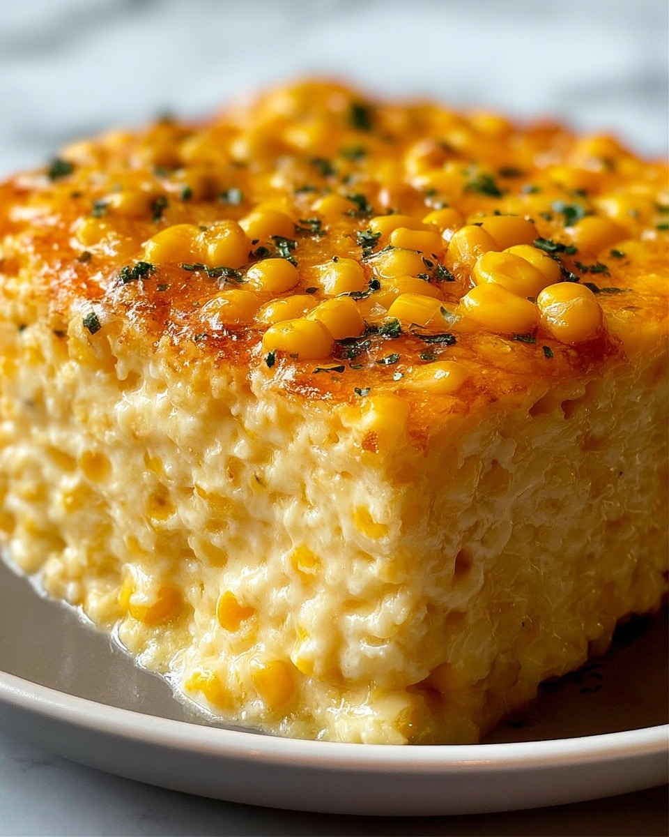 A close-up view of a creamy corn casserole slice on a white plate, showing two visible layers. The bottom layer is a soft, thick mix of small corn kernels and creamy, cheesy texture in pale yellow and white colors. The top layer has a golden-brown melted cheese surface dotted with whole, bright yellow corn kernels and small green herb pieces sprinkled evenly on top. The edges of the casserole look moist and gooey, with cheese melting slightly at the sides. The plate sits on a white marbled surface in soft light. photo taken with an iphone --ar 4:5 --v 7