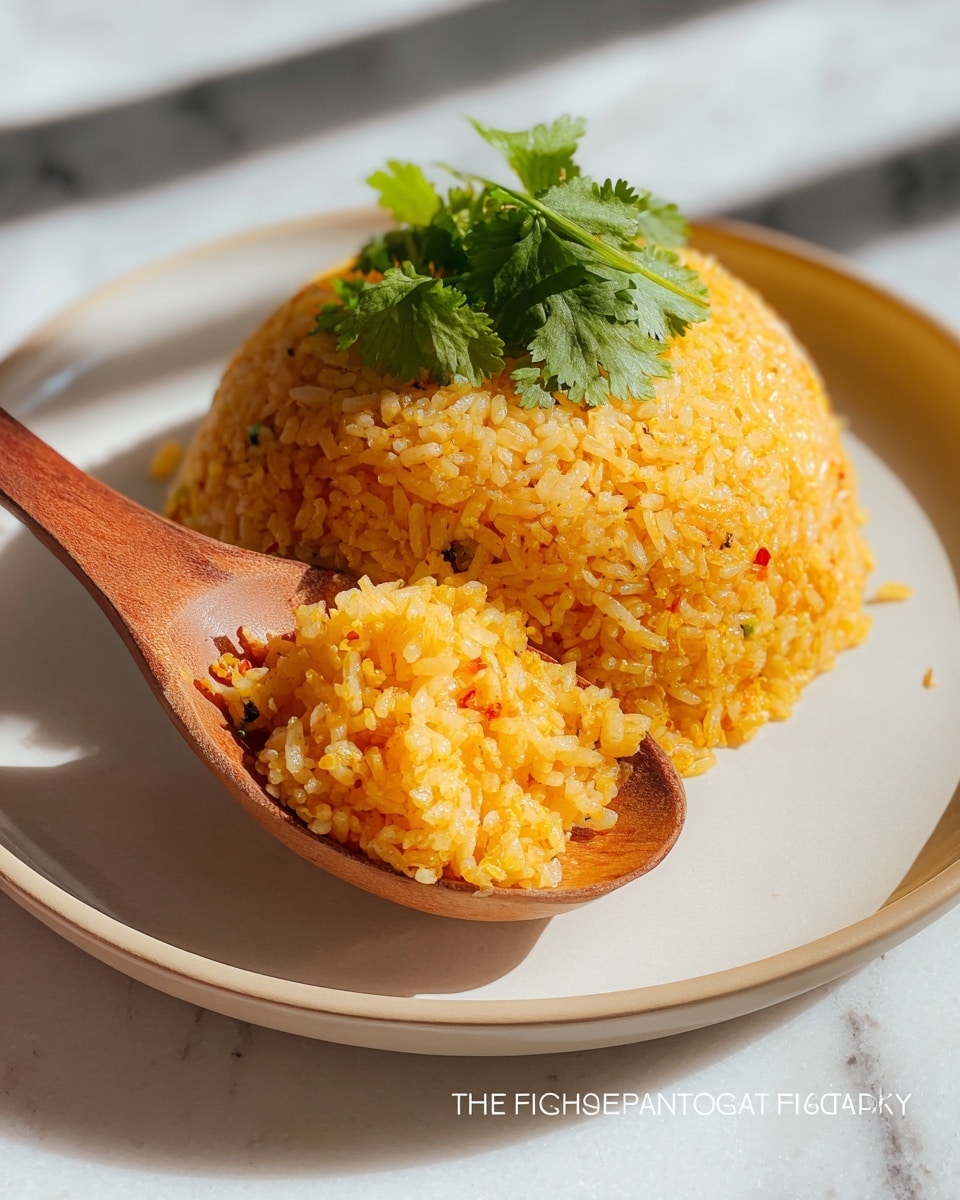 The image shows a mound of yellow-orange fried rice placed on a white plate with a smooth, shiny finish. The rice is shaped like a dome and garnished with fresh green cilantro leaves on top. A wooden spoon scoops a portion of the rice from the front, revealing the fluffy texture and small bits of seasoning within the rice grains. The plate sits on a white marbled surface, lit by natural light that creates soft shadows. photo taken with an iphone --ar 4:5 --v 7