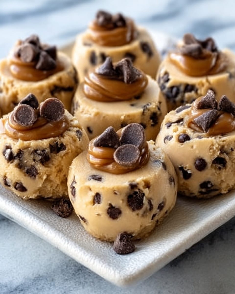 The image shows a close-up of nine small round creamy beige dessert bites, each studded with dark brown chocolate chips scattered throughout. The bites are arranged closely on a square white plate with a slightly textured surface. Each bite is topped with two small dollops of smooth caramel sauce and more chocolate chips, giving a layered look with a glossy, soft texture on top and a dense, cookie dough-like body below. The background is a white marbled texture. photo taken with an iphone --ar 4:5 --v 7