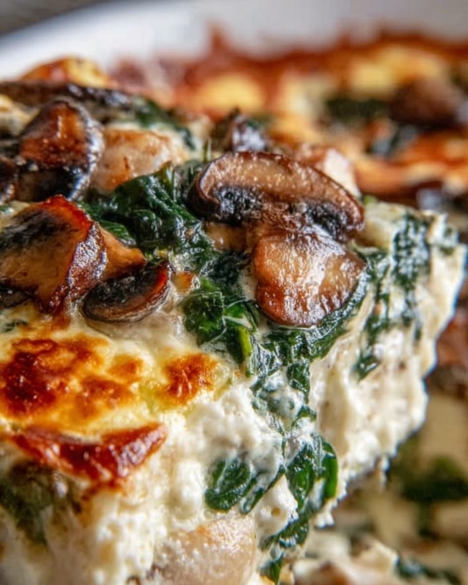 The image shows a close-up of a baked dish with visible layers. The bottom layer is melted cheese with a golden brown, slightly crispy texture. On top, there are sautéed spinach leaves, dark green in color, mixed with chunks of browned mushrooms. The dish is creamy, with some areas showing a soft white sauce blending with the cheese and vegetables. The surface looks rich and gooey with a light bubbly finish. Photo taken with an iphone --ar 4:5 --v 7