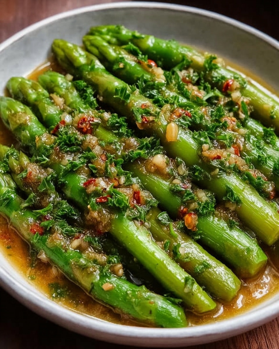The dish shows a close-up of cooked green asparagus stalks arranged side by side inside a round white bowl. The asparagus is bright green and shiny, coated with a chunky golden-brown sauce that has small bits of garlic and chili flakes sprinkled on top. Fresh chopped green herbs are scattered over the dish, adding a touch of freshness and color contrast. The bowl sits on a white marbled surface, enhancing the vivid colors of the asparagus and sauce. photo taken with an iphone --ar 4:5 --v 7
