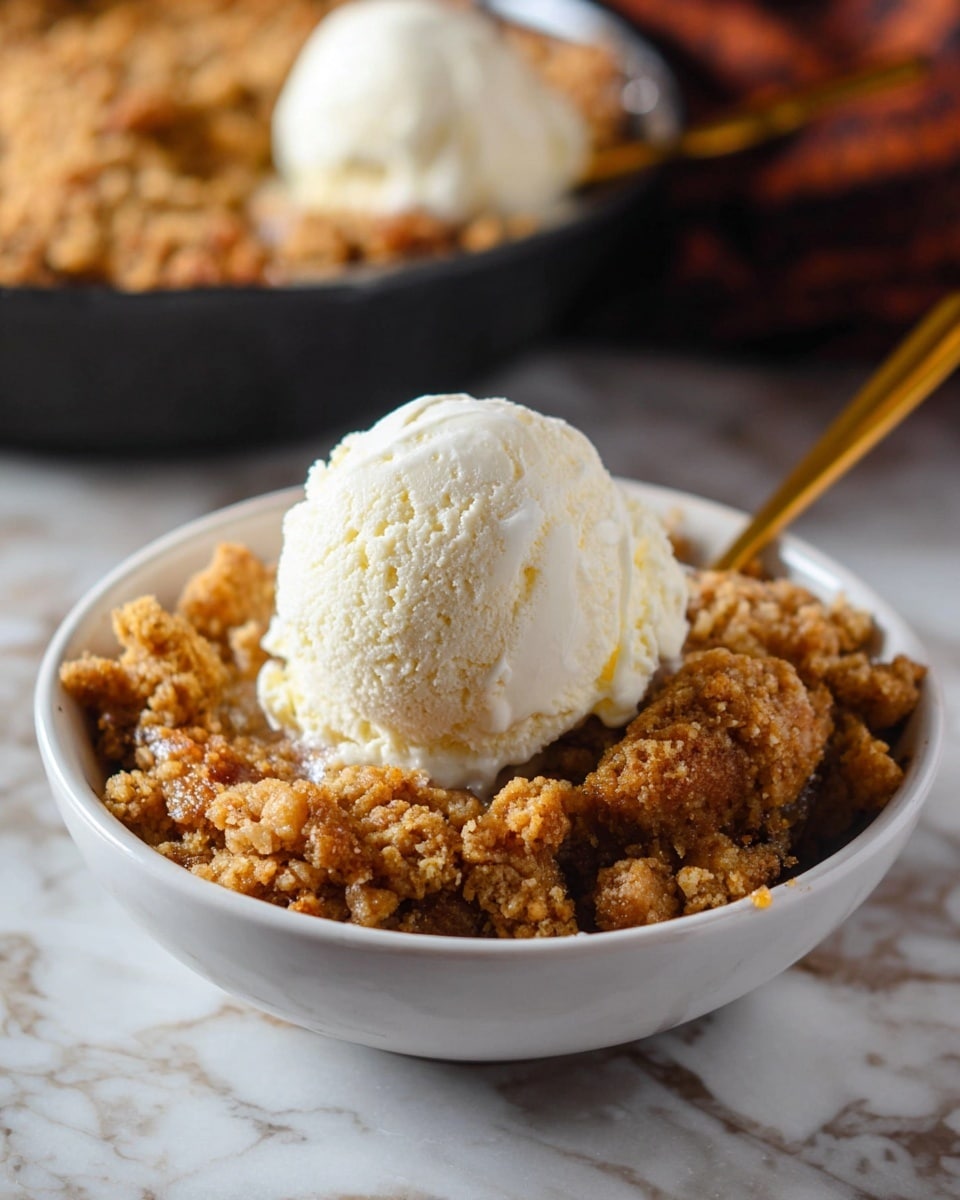 A close-up of a white bowl filled with a warm, crumbly pumpkin dessert with a rough textured golden-brown crumble layer on the bottom and middle. On top, there is one scoop of creamy white vanilla ice cream with soft ridges. In the blurred background, another white bowl contains the same dessert with two scoops of ice cream and a gold spoon resting inside. The bowls sit on a white marbled surface, and the photo has warm, cozy lighting. photo taken with an iphone --ar 4:5 --v 7