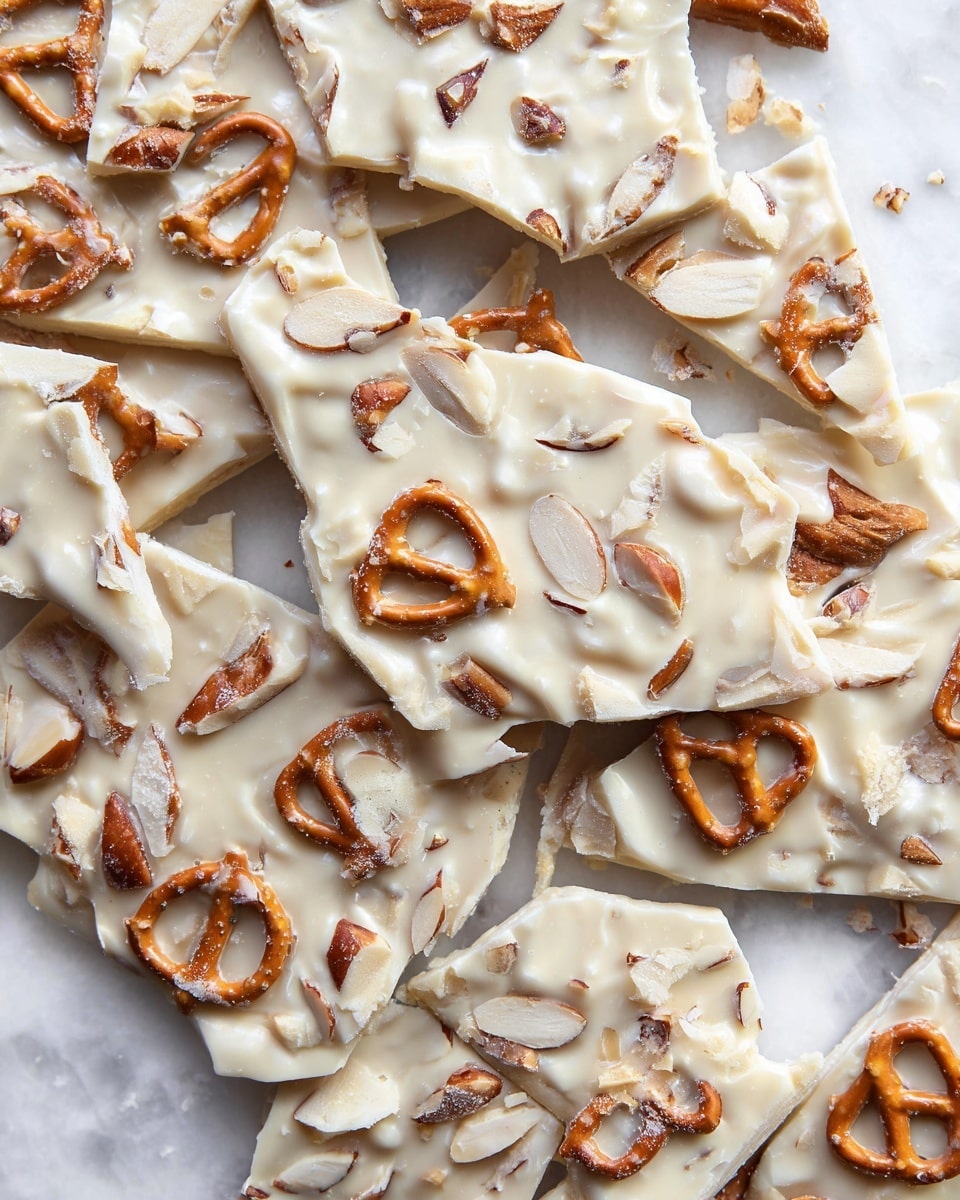 The image shows several pieces of white chocolate bark scattered on a white marbled surface. Each piece has a creamy white base layer mixed with rough textures from embedded broken pretzel sticks that are golden brown and scattered unevenly across the bark. The edges of the bark pieces are uneven and irregular, giving a homemade look. The broken pretzels provide a crunchy contrast to the smooth white chocolate, with some pieces showing visible salt crystals. Overall, the bark pieces lie flat and slightly overlap each other, creating a casual arrangement. Photo taken with an iphone --ar 4:5 --v 7