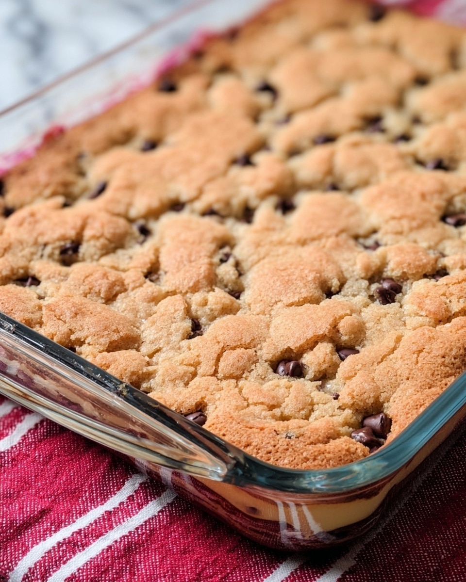 The image shows a close-up of a baked dish in a clear glass rectangular baking pan. The top layer is golden-brown with a rough, bubbly texture, dotted with dark chocolate chips that peek through unevenly. The surface looks slightly crispy and crackled with varied light and dark brown shades, indicating a well-cooked cookie-like crust. There is a hint of a smoother, gooey chocolate layer visible through gaps in the top crust, giving a soft contrast to the crunchy top. The pan sits on a white marbled textured surface with a red and white striped cloth partially visible underneath. photo taken with an iphone --ar 4:5 --v 7