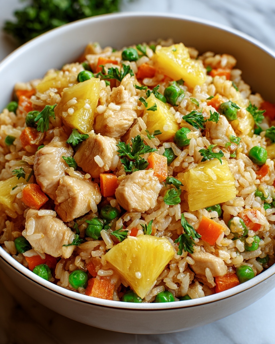 The image shows a white bowl filled with a colorful chicken fried rice dish. The first layer at the base is cooked white rice with a soft texture. Mixed throughout are bright green peas and small pieces of orange carrots adding fresh colors. The next layer includes chunks of light brown cooked chicken scattered evenly. Bright yellow pineapple pieces are placed on top and mixed in, giving a juicy look. Finely chopped green herbs are sprinkled over the dish for a fresh finishing touch. The bowl rests on a white marbled surface, adding a clean, bright background to the dish. photo taken with an iphone --ar 4:5 --v 7